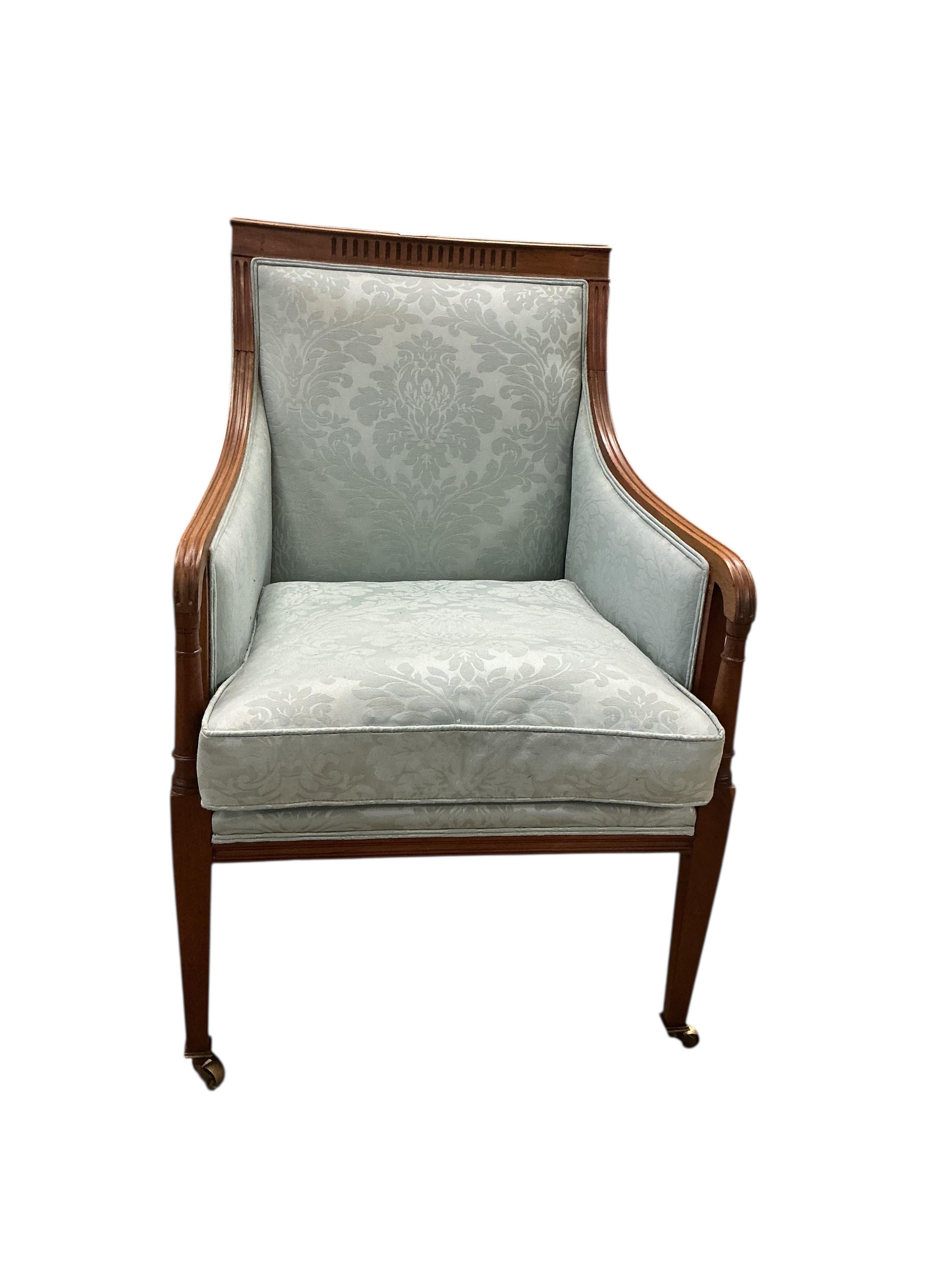 A late 19th century mahogany framed armchair, upholstered in pale green brocade, width 57cm, depth 62cm, height 89cm